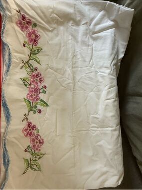 Pillowcase White with Pink Floral Embroidery Blue Trim OSB
